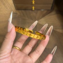 沙金古法爆闪幸运草开口手镯手环仿金镯子宽版黄金色高端饰品新款