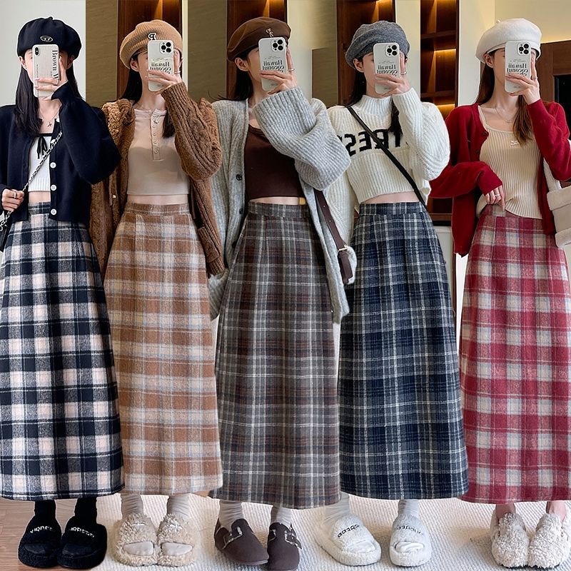 毛呢包臀裙秋冬复古2025新款中长裙女百搭高腰显瘦A字格子半身裙