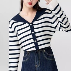 学院风条纹长袖针织开衫女2025春秋新款海军领撞色薄毛衣外套上衣