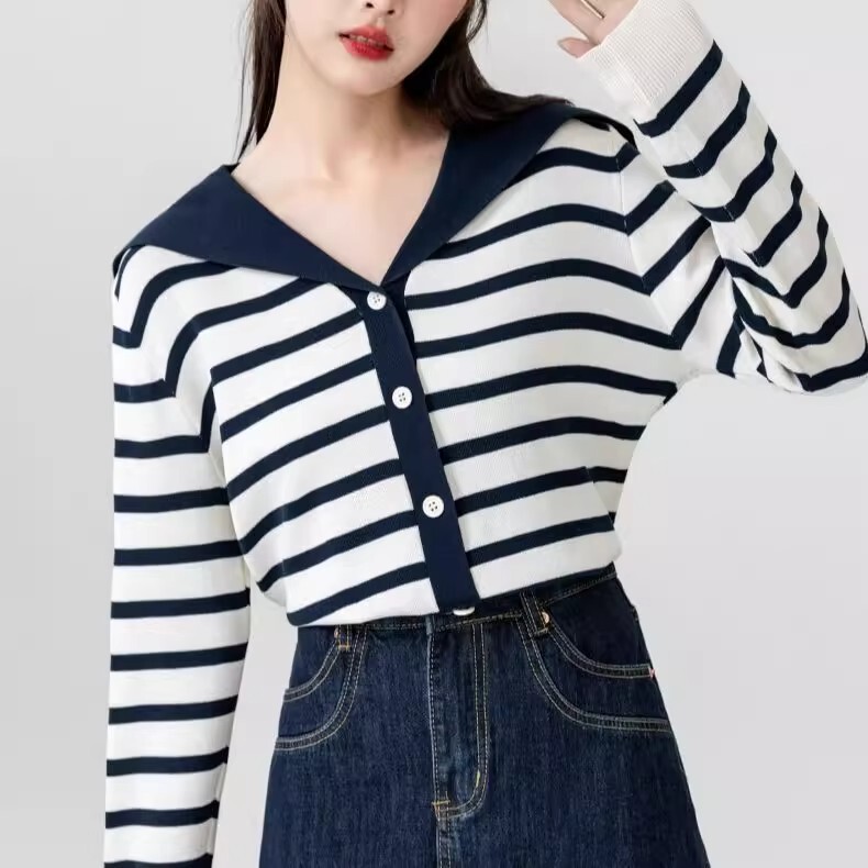 Academy-Style Striped Long-Sleeve Knit Cardigan for Women, 2026 Spring and Autumn New Model, Navy Collar, Color-Blocking Thin Sweater Jacket Top