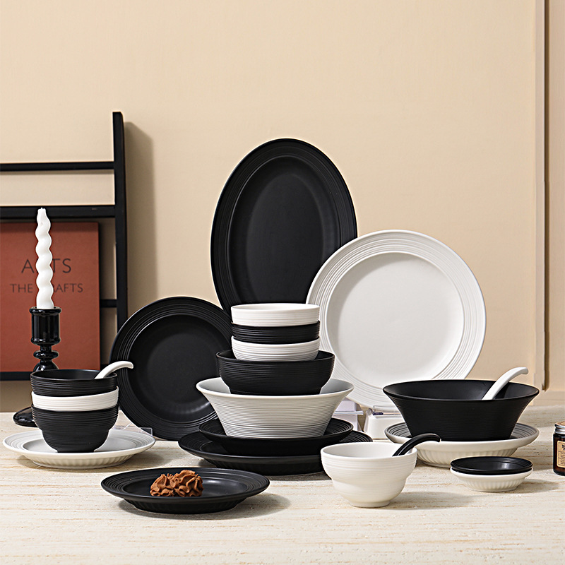 Black and White Matte Ceramic Tableware Household Bowl and Dish Plate suit Simple Style Underglaze Color Chaozhou Tableware Bowl and Dish suit