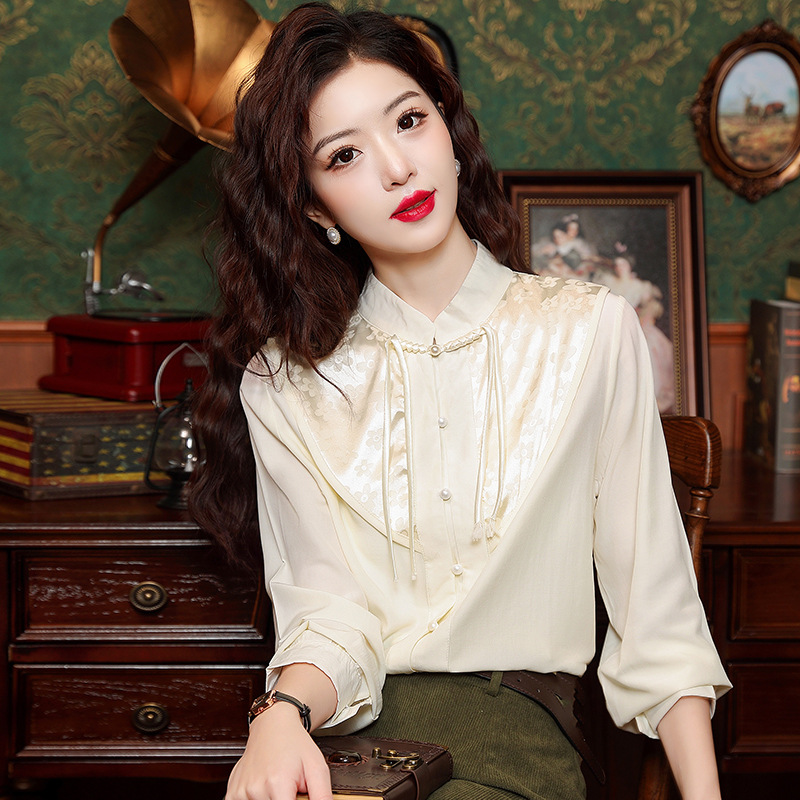 已出货 古典风新中式国风刺绣盘扣精致衬衫女高级感温婉立领上衣