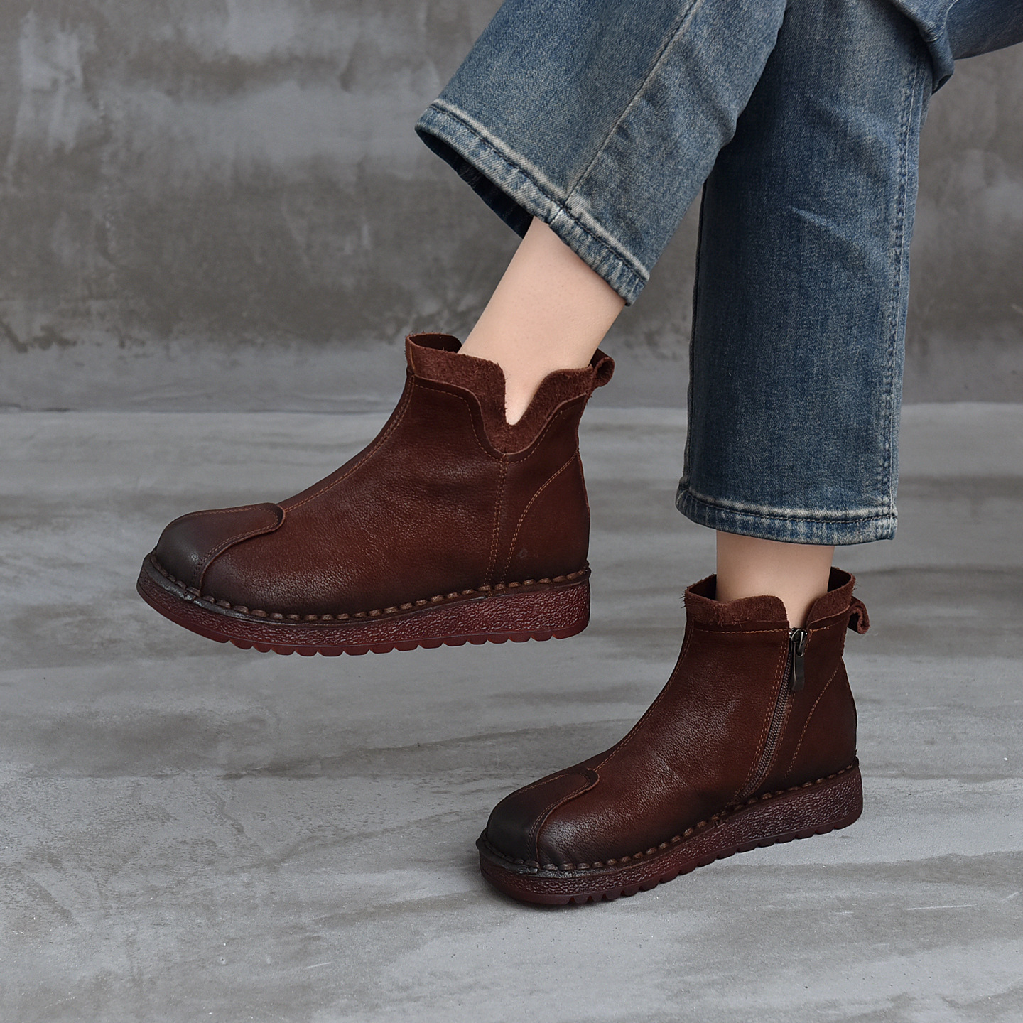 Retro Short Boots for Women 2025 Autum New First-Layer Cowhide Casual High-Top Comfortable Mom Shoes Side Zipper Boots