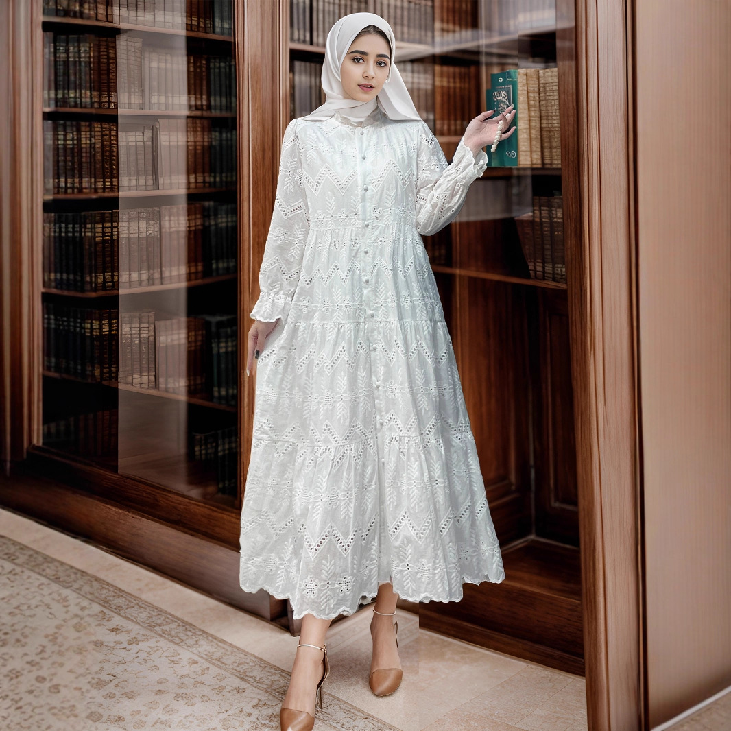 Cross-border Muslim Loose Middle Eastern Dubai Robe Abaya Gown Dress With Lace_ecoleips.com