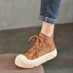 羊皮休閒單鞋女士2024春季新款厚底圓頭高幫板鞋紅色真皮女鞋系帶