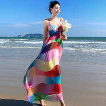 夏日调色盘彩虹糖果色沙滩裙超仙气质V领修身显瘦长款压褶连衣裙