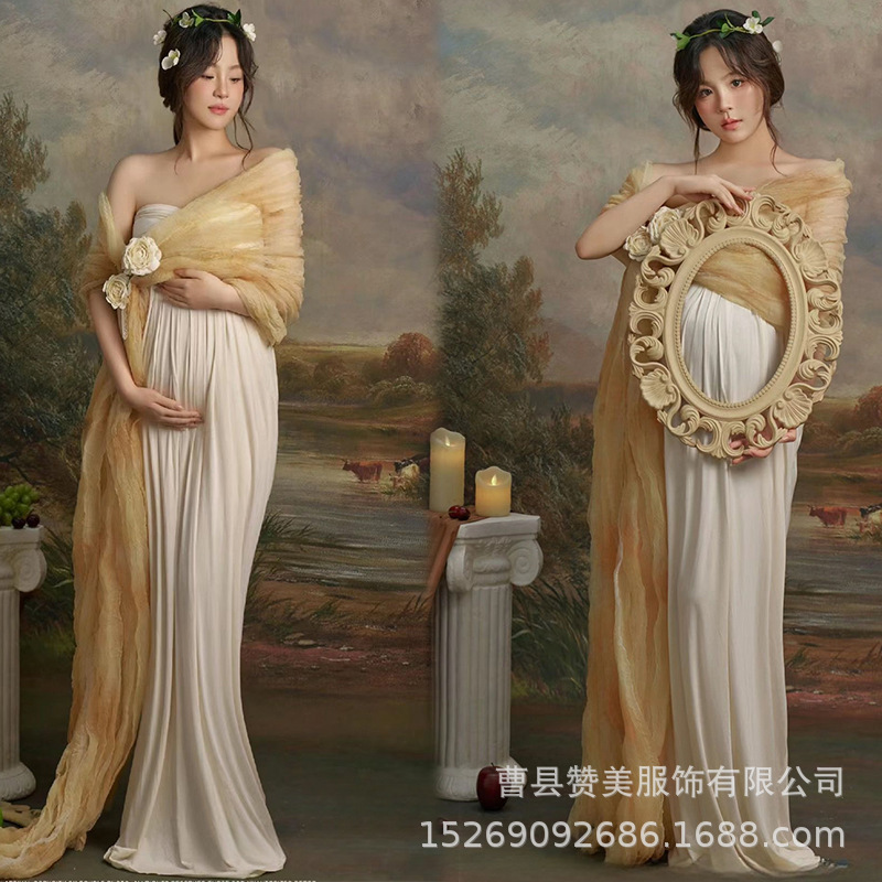 Photo Studio New Pregnant Women Photograph French Retro Oil Painting Style Strapless Dress Big Belly Photograph Pregnant Mommy Clothes Photograph at Home