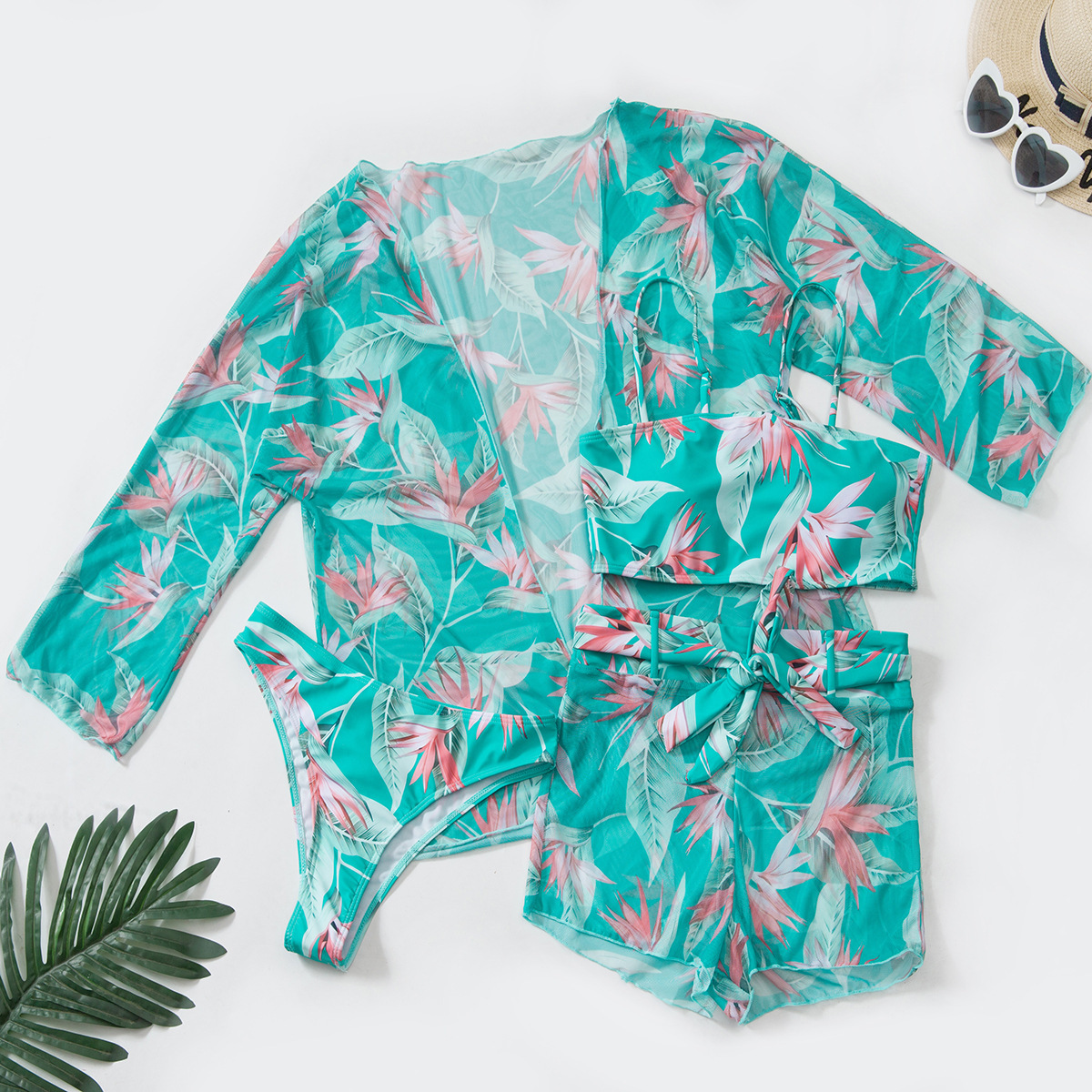 Conjunto de Traje de Baño de Cuatro Piezas para Mujer, Estilo Europeo y Americano 2025, Cintura Alta, Manga Larga, Pantalones Cortos Tipo Boxer, Bikini, Ropa Transfronteriza para AliExpress