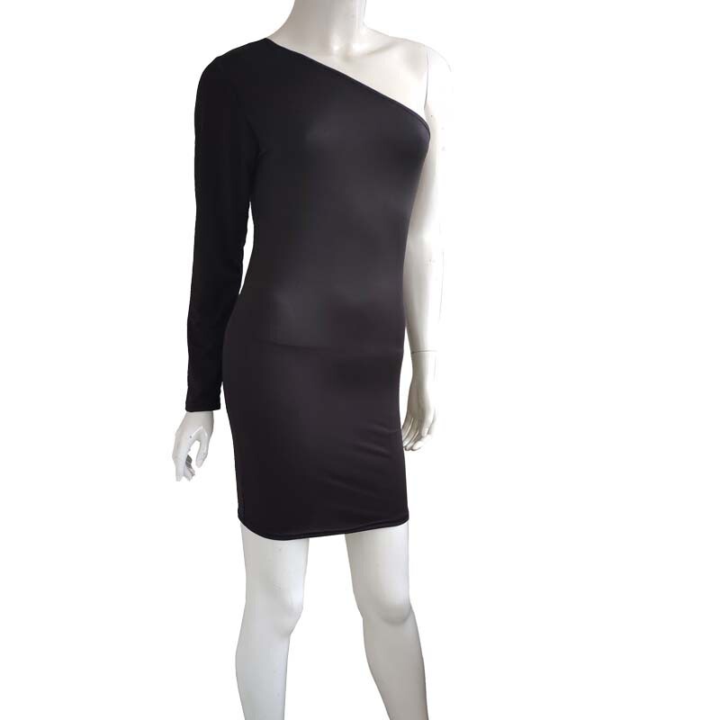 Korean 2026 Ebay Aliexpress Wish One-Shoulder Long-Sleeve Strapless Backless Bodycon Black Dress Ins