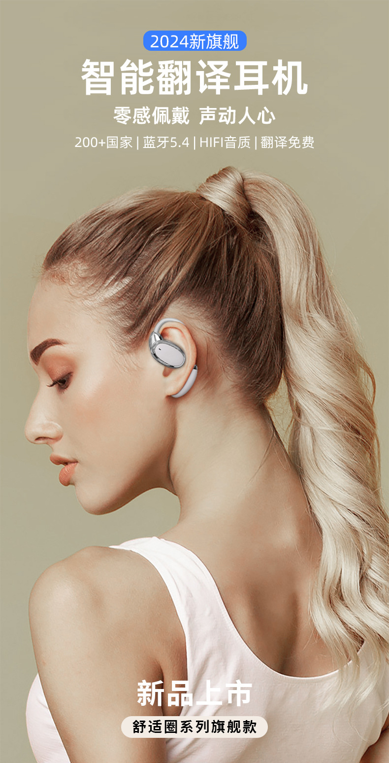 Wireless Bluetooth translation headphones, open-ear translator, noise-cancelling, multi-language translation, original factory for cross-border trade pic 1