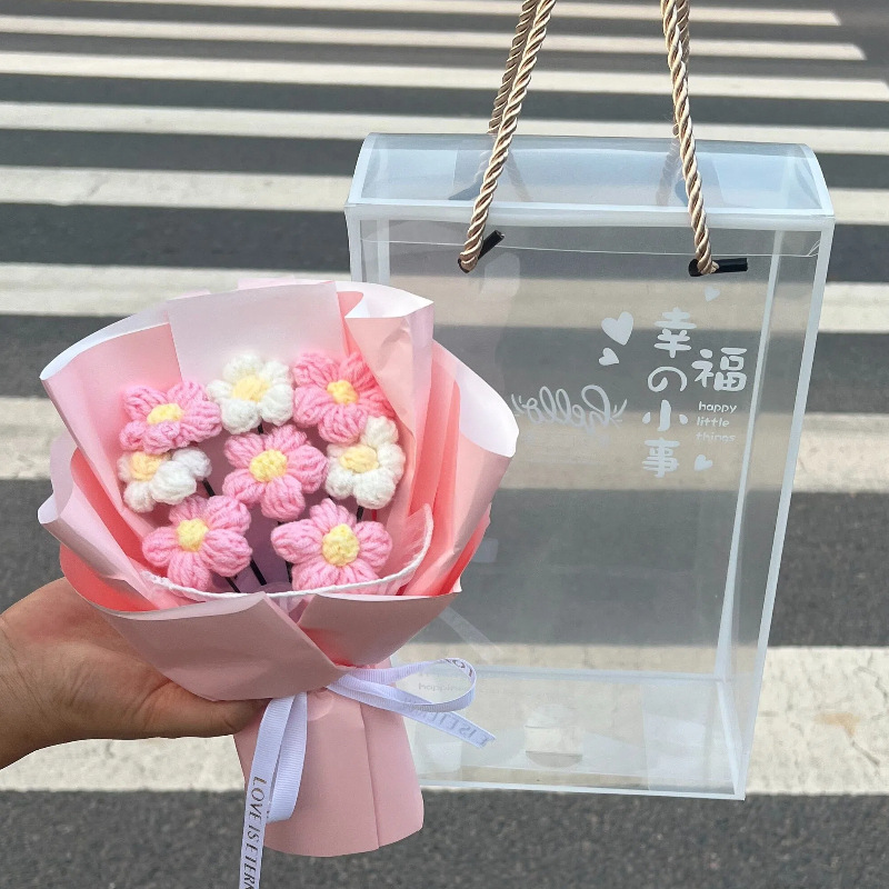 Regalos del día de San Valentín ganchido a mano flor de imitación puff lana ganchido ramo caja de regalo de enfermería para enviar al personal de novia