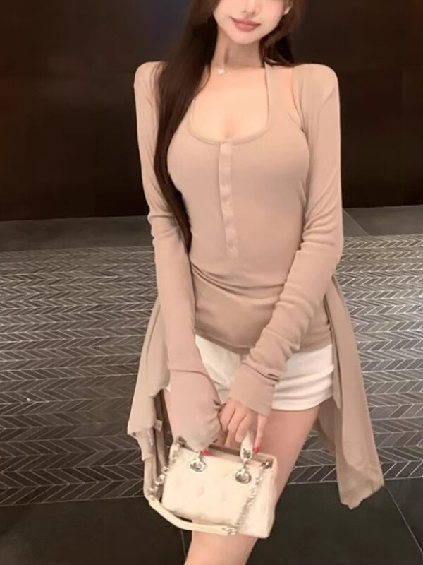 慵懒复古长袖开衫外套女秋季新款套装纯欲u领挂脖背心上衣两件套|undefined
