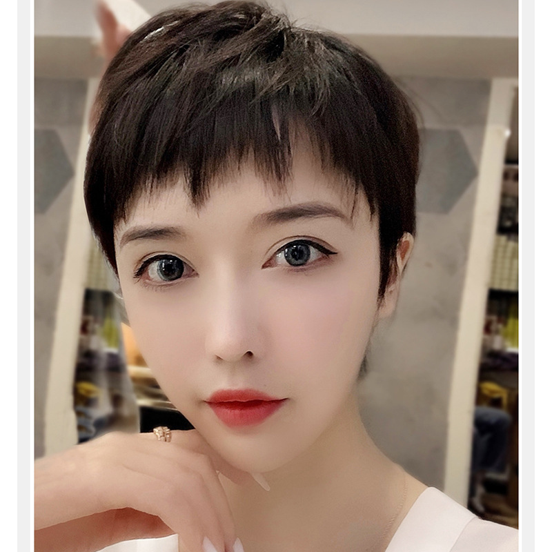 Dog Chew Style Bangs Wig Women's Short Hair Style Full Human Hair Double Pin Stylish Natural Fluffy Light Full Hair Set