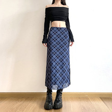 欧美风2024夏季新款女装学院风复古格纹印花百搭修身开衩半身裙