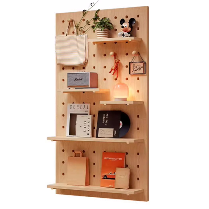 Estante de tablero de agujero de madera maciza, puerta de entrada, percha de pared moldeada, estante de exhibición de pared integrado