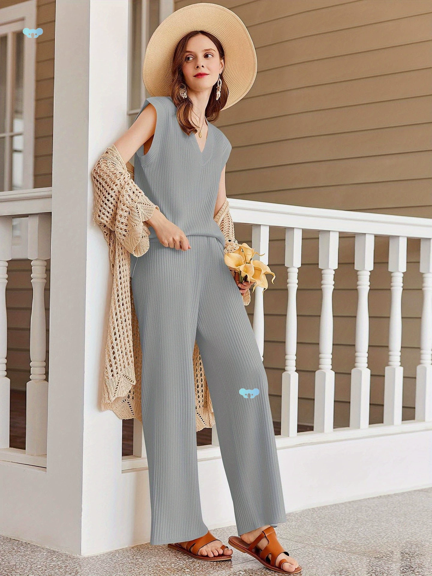 Женский вязаный комплект для отдыха, мягкий комплект из 2 предметов с топом с короткими рукавами