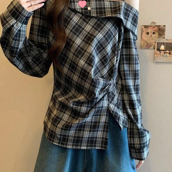 大码女装遮肚子格子斜领不规则长袖衬衫女胖MM收腰显瘦露肩上衣女|undefined