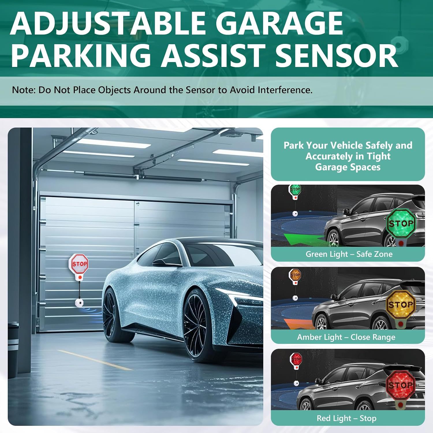Adjustable garage parking sensor auxiliary device, with LED indicator light and dual-power rotary connector