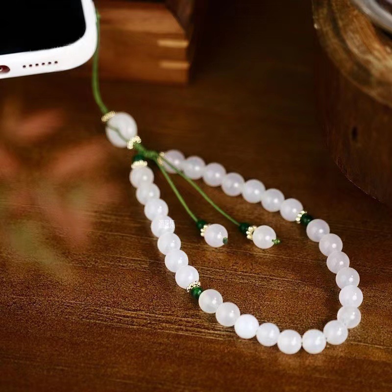 Cross-Border Natural White Chalcedony Mobile Phone Hanging Chain Cool Jasper Meditation Beads Anti-Fall Short Wrist Rope Mobile Phone Hanging Chain