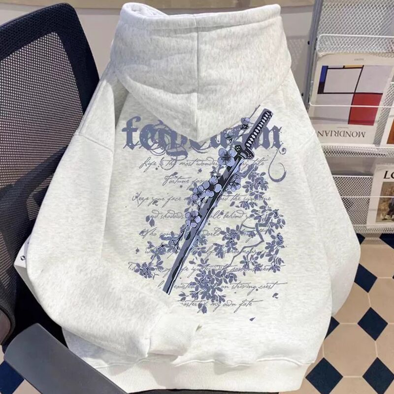 Manufacturer Wholesale Trendy Chinese Style Cherry Blossom Print 2026 Hooded Sweatshirt Autumn and Winter Fleece Thick Loose High Street Jacket