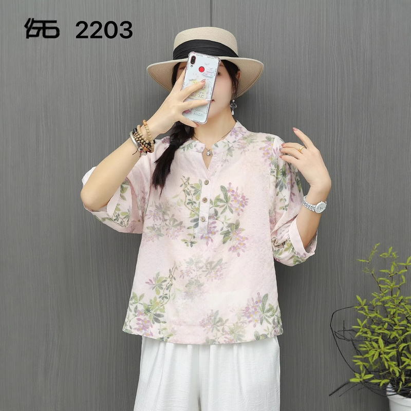 Summer New Cotton and Linen Printed Top Thin Elegant Elegant Collar Retro Artistic Medium Loose Mid-Sleeve Floral Shirt for Women