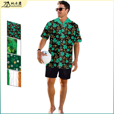 [2024新款欧美爱尔兰节日圣帕特里克节服装数码印花三叶草男士衬衫]