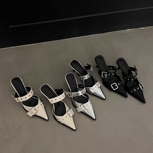 European and American Sexy High-Heeled Shoes for Women, Pointed Toe Stiletto Heels, Half-Drag Mule Shoes, 2025 Summer New Belt Buckle Toe Sandals
