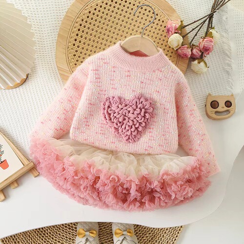 Girls' Sweater, Round-Neck Knitted Base Layer Top, New Arrival, Heart-Shaped, Colorful, Sweet, Fleece-Lined, Thickened Children's Knitwear