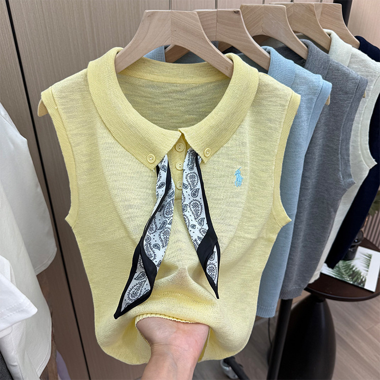 Silk Scarf Polo Collar Embroidered Knitted Vest Summer New Fashion Elegant Versatile Thin Sleeveless Knitted Top for Women