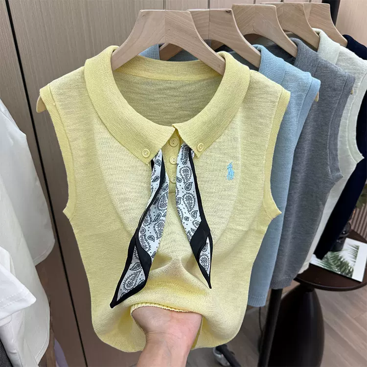丝巾POLO领刺绣针织背心夏季新款时尚气质百搭薄款无袖针织上衣女