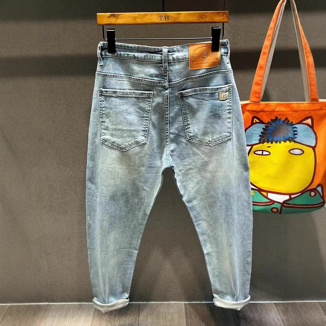 Men's Trendy Ripped Cropped Jeans Light Colored Summer Thin Distressed Tapered Harem Pants New_mkmklike.com