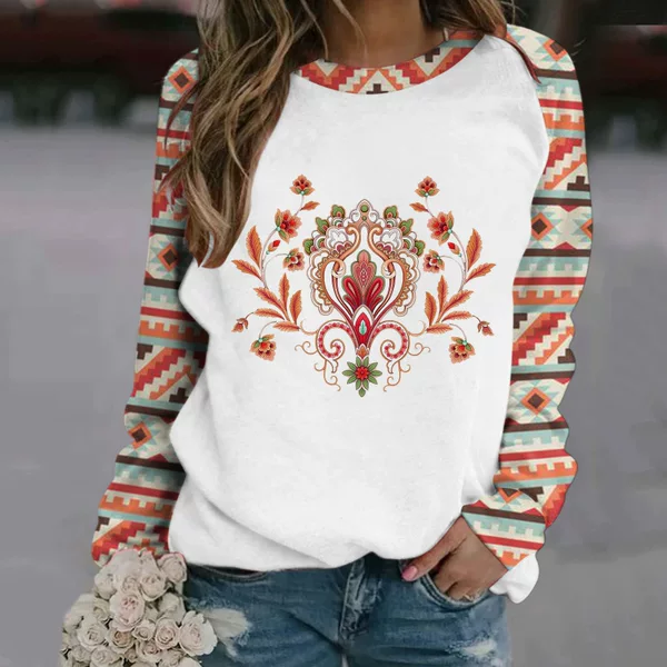 Cross-Border 2022 New Autumn and Winter European and American Fashion Women's Clothing Wish Retro Printed Ethnic Aesthetic Round Neck Short and Long-Sleeved Sweatshirt
