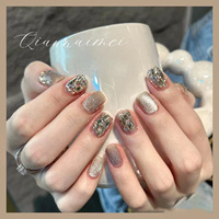 实拍穿戴甲纯手工美甲成品假指甲贴片高光灯泡猫眼爆闪香槟钻短甲