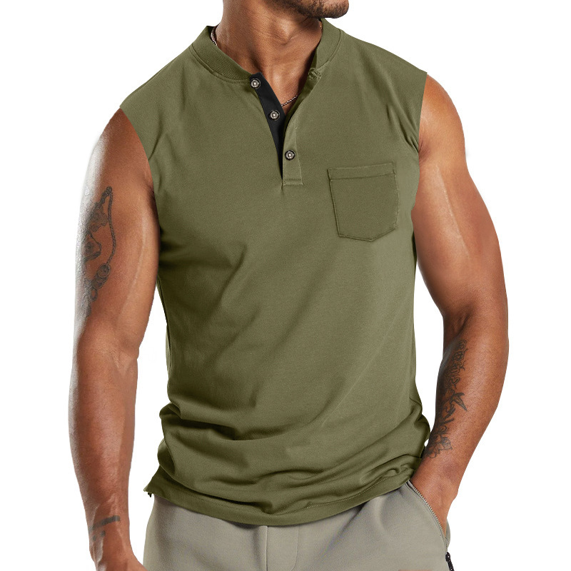 2024 Summer New Kam Shoulder Large Men's Short Sleeve Button Pocket Sleeveless T-shirt_voghion.com
