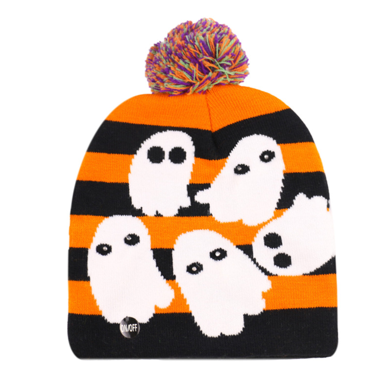 Original design explosion hot selling funny holiday party LED knitted hat pumpkin ghost skull knitted hat Halloween_voghion.com