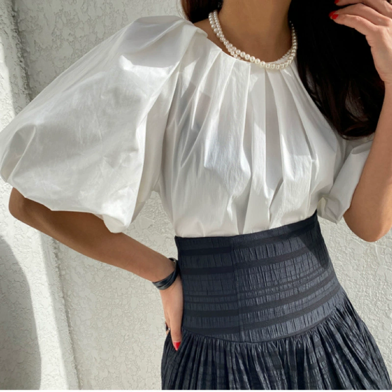 В наличии Корейская рубашка с круглым вырезом и рюшами во французском стиле ретро, ​​простая универсальная рубашка с пышными рукавами