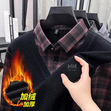 品牌男士高档加绒衬衫领爸爸保暖加厚毛衣打底中年格子针织衫上衣