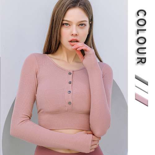 New Korean style yoga suit, long-sleeved T-shirt, women, half-button, figure-fitting, elastic sports and fitness suit, T-shirt, women, with chest pad