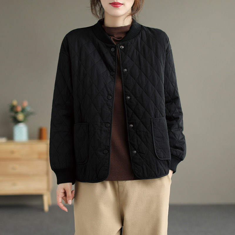 2025新款复古文艺冬季棒球领菱格夹棉棉衣宽松休闲棉服外套上衣女|undefined