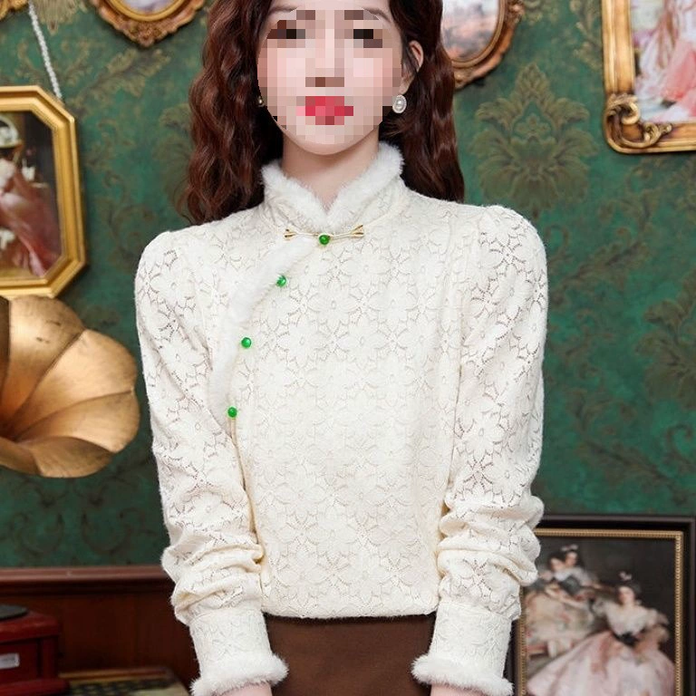 Fleece retro shirt, long-sleeve, demi-season cheongsam