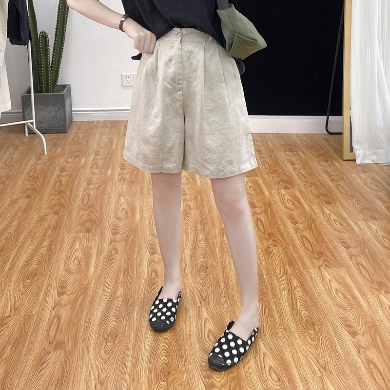 Summer Thin Linen Casual Wide-Leg Shorts for Women, High-Waisted Loose Cotton-Linen Knee-Length Shorts, Slimming Hot Pants