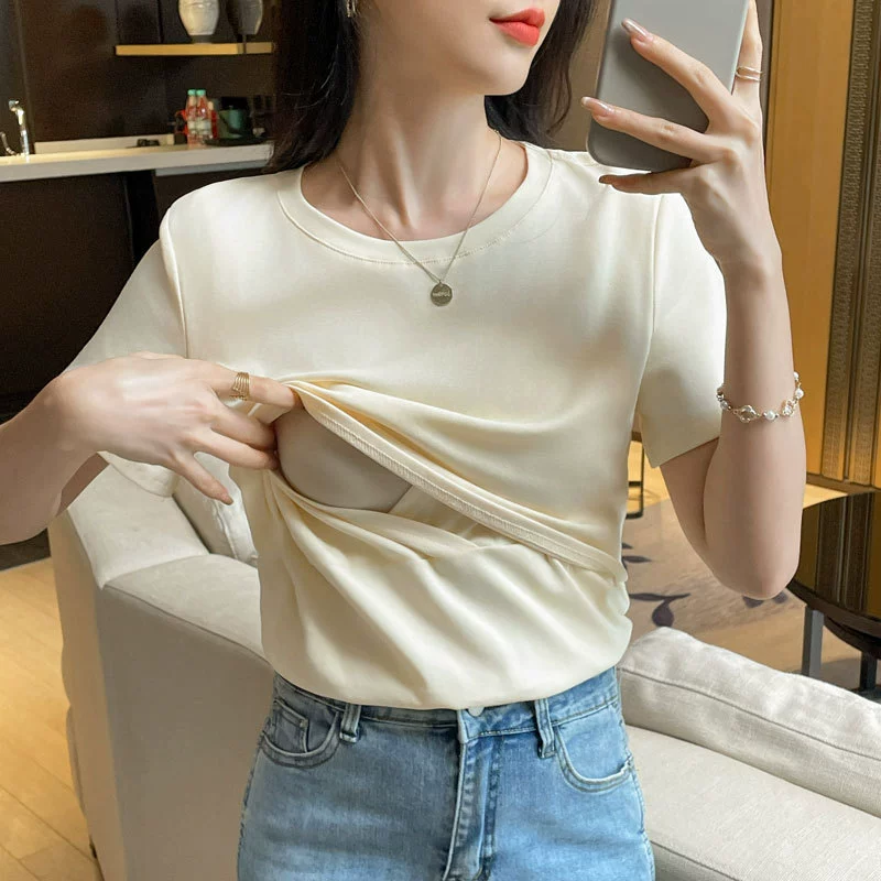 2024 Кормящие с короткими рукавами на плече хлопчатобумажная футболка летом после родов