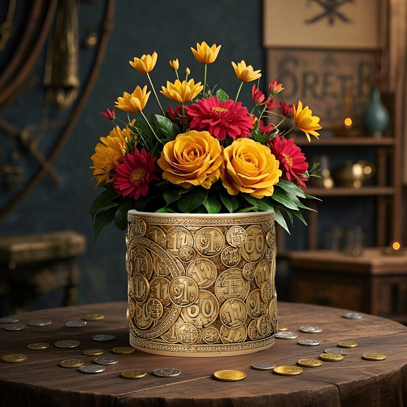 Kindergarten Specializes in Retro Gold Coin Resin Flower Pot Ornaments, Home Desktop Decoration, Garden Planting Containers, Small Gifts