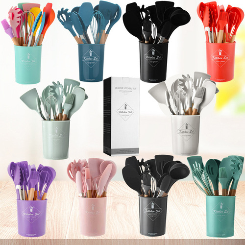 Colorful household wooden handle silicone kitchenware 11-piece set kitchenware kitchenware kitchen set