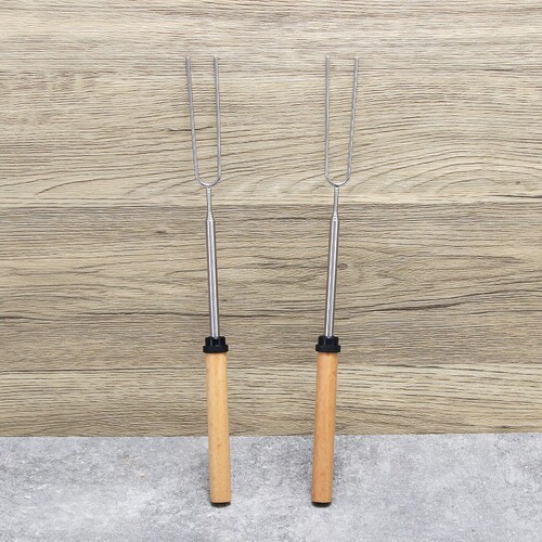 Outdoor Telescopic BBQ Fork Stainless Steel U-shaped Fork BBQ Tool Outdoor BBQ Set Wooden Handle BBQ Skewer