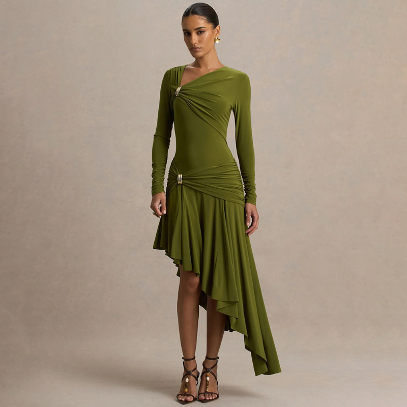 2026 primavera nueva moda delgada sexy pliegue irregular vestido de cadera comercio exterior al por mayor