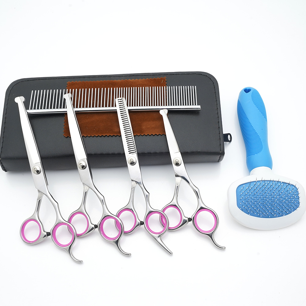 Tijeras de cuidado de mascotas al por mayor de fábrica, tijeras planas de corte de pelo de perro, tijeras de dientes finas, tijeras de colores, herramientas de corte de pelo de gato