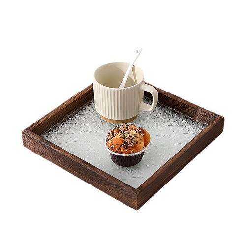 Cross-border Japanese retro cherry blossom pressed glass tea tray, solid wood rectangular storage tray, photography prop, decorative piece