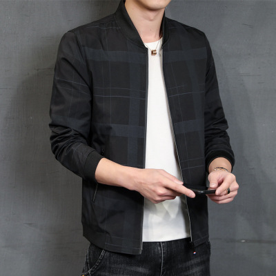 男士夾克春季新款商務休閑時尚青年百搭爸爸裝立領格子棒球服外套
