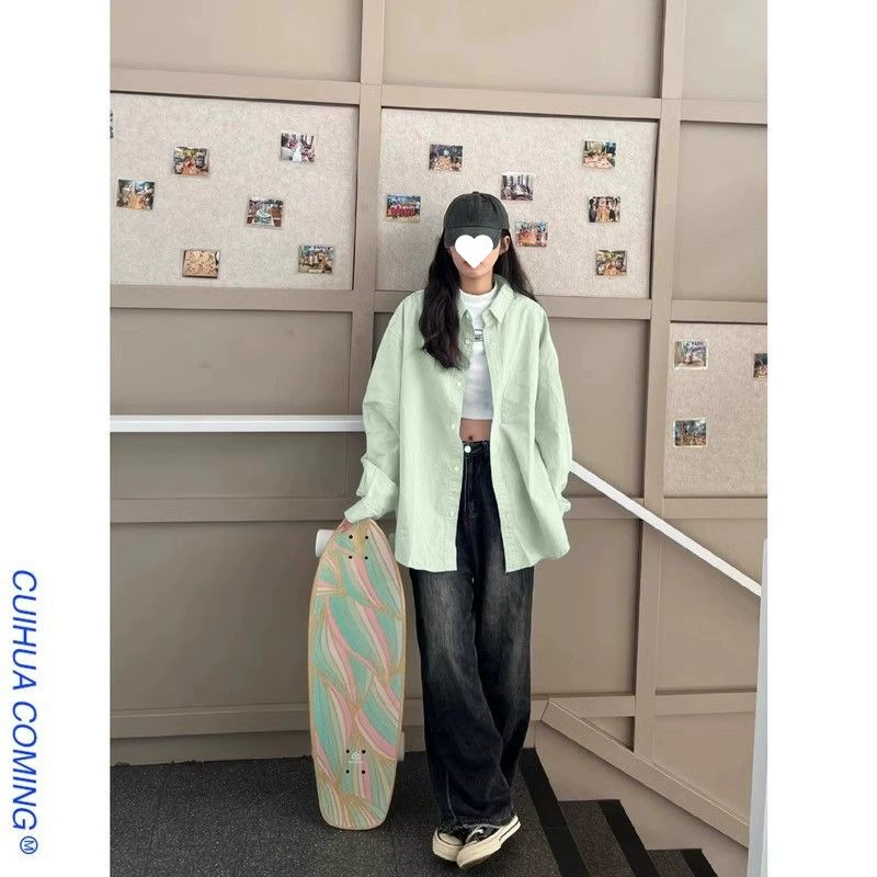 2025 мятно-зеленая свободная куртка в стиле мамбо с длинными рукавами, рубашка с воротником-поло, защита от солнца, тонкая новая куртка, рубашка